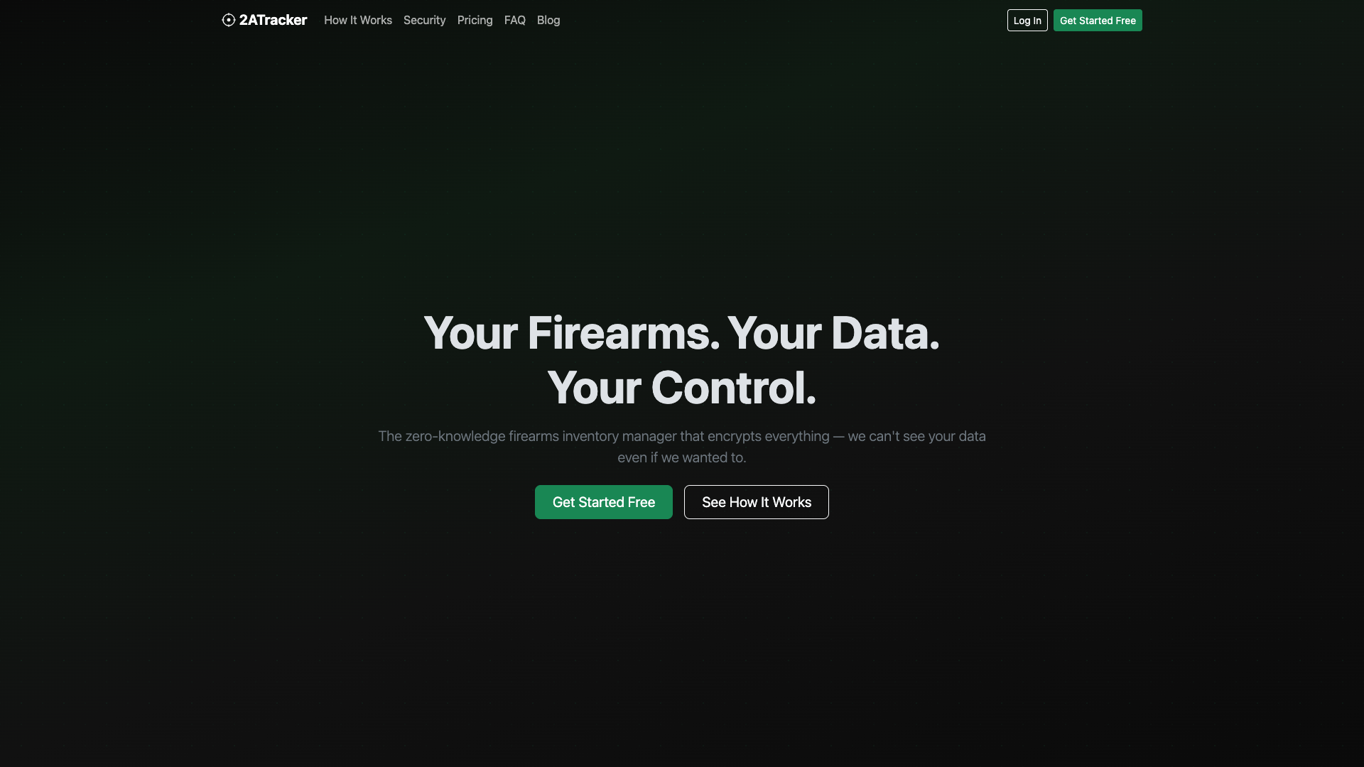 2ATracker landing page showing zero-knowledge firearms inventory hero section